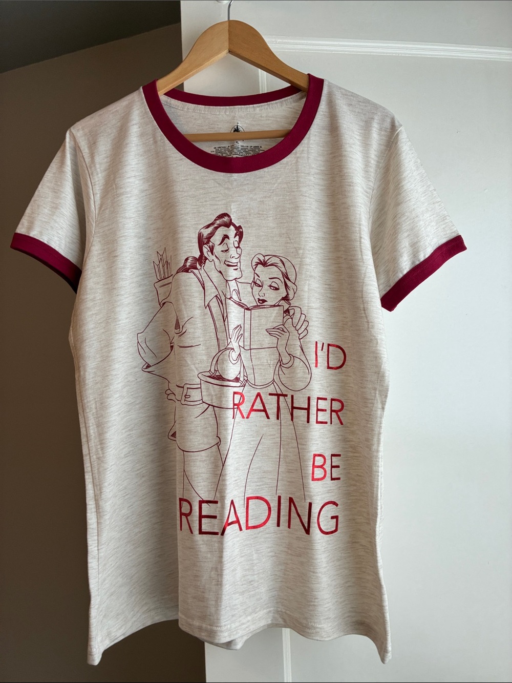 Disney Cream Ringer Top with Burgundy Trim - 'I'd Rather Be Reading'